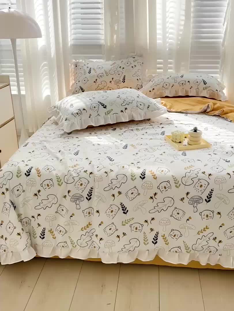 91家纺网 家纺一手货源 找家纺 澳梵 小清新水洗棉麻夏被四件套 萌萌熊