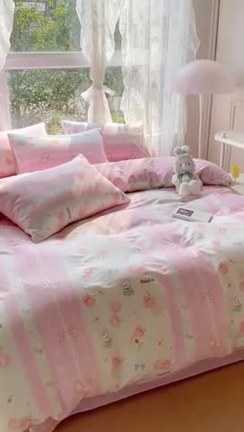 91家纺网 家纺一手货源 找家纺 2025新款全棉13372小清新印花四件套 蜜桃兔