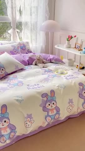 91家纺网 家纺一手货源 找家纺 2025新款全棉13372小清新印花四件套 魔法兔