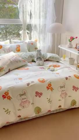 91家纺网 家纺一手货源 找家纺 2025新款全棉13372小清新印花四件套 兔发喜柿