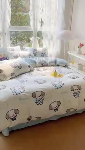 91家纺网 家纺一手货源 找家纺 2025新款全棉13372小清新印花四件套 happy狗