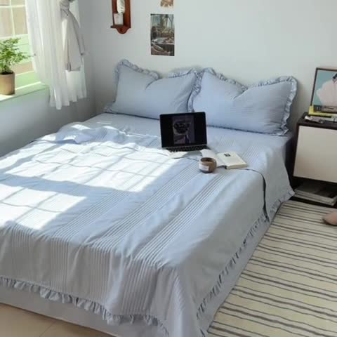 91家纺网 家纺一手货源 找家纺 六巷胡同 2023新款博主同款水洗纱夏被四件套-风格二 海盐蓝