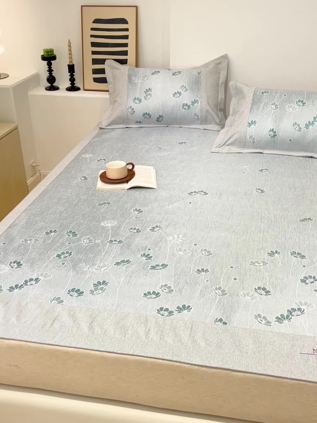 91家纺网 家纺一手货源 找家纺 2023澳梵植物抗菌冰丝凉席三件套软席 米格-金咖