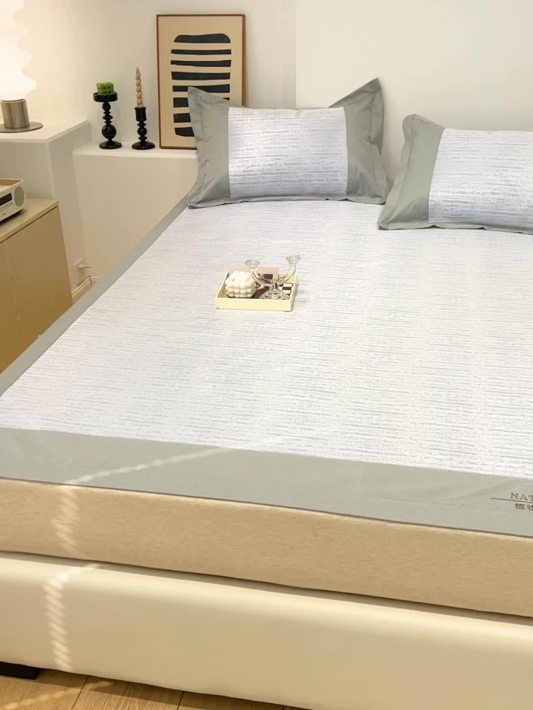 91家纺网 家纺一手货源 找家纺 2023澳梵植物抗菌冰丝凉席三件套软席 米格-绿