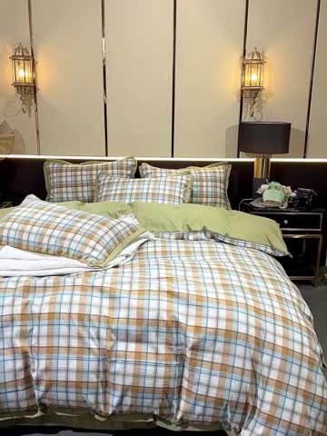 91家纺网 家纺一手货源 找家纺 梦柏 双层纱棉麻四件套 蓝格调