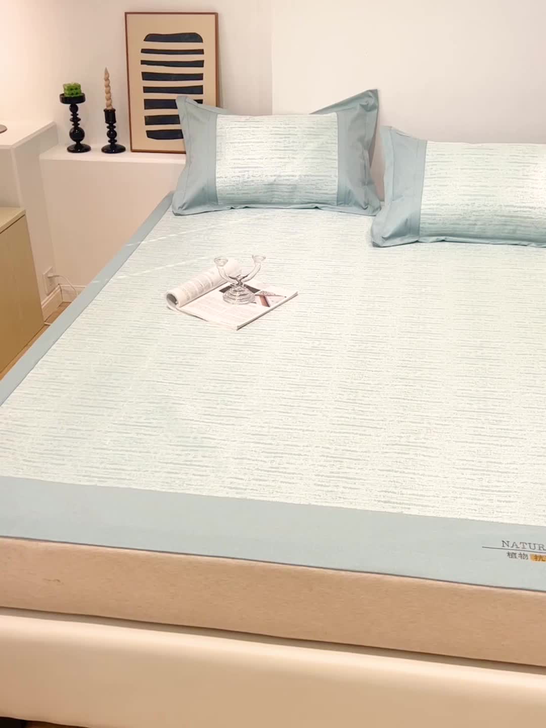 91家纺网 家纺一手货源 找家纺 2023澳梵植物抗菌冰丝凉席三件套软席 树影-咖啡