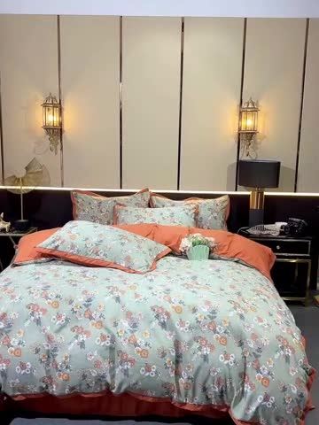 91家纺网 家纺一手货源 找家纺 梦柏 双层纱棉麻四件套 小花园