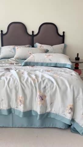 91家纺网 家纺一手货源 找家纺 2023新款印花天丝夏被四件套 音雅 绿