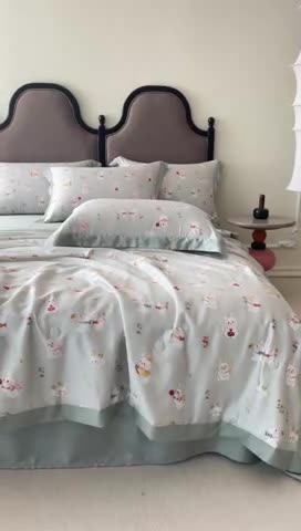 91家纺网 家纺一手货源 找家纺 2023新款印花天丝夏被四件套 萌兔 绿