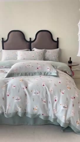 91家纺网 家纺一手货源 找家纺 2023新款印花天丝四件套 萌兔 绿