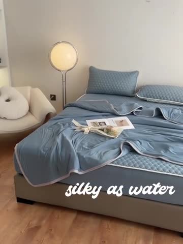 91家纺网 家纺一手货源 找家纺 欧邦  新款纯色凉感丝乳胶床笠款夏被四件套 藏蓝