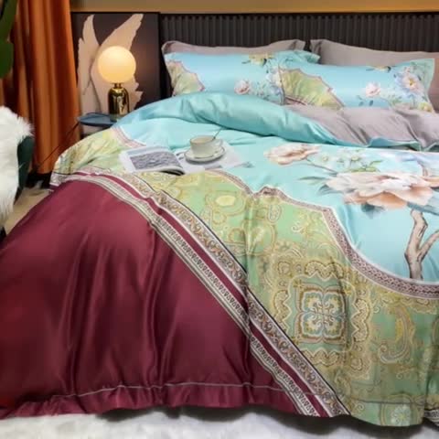 91家纺网 家纺一手货源 找家纺 梵克保罗 2024春夏新品天丝数码大版印花四件套 花香琉璃-红