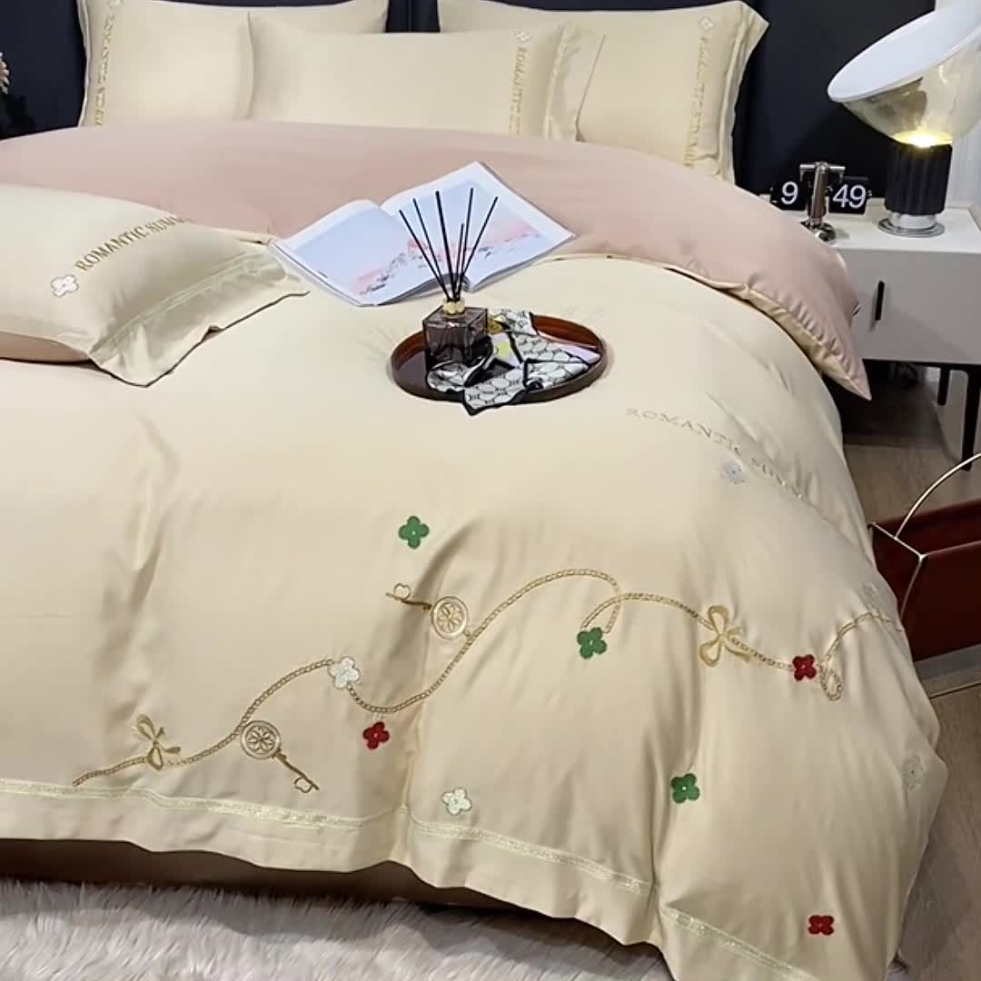 91家纺网 家纺一手货源 找家纺 总推-潮邦 2025高克重水洗真丝绣花四件套真丝纯色轻奢刺绣工艺