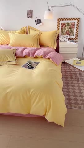91家纺网 家纺一手货源 找家纺 锦彩 40长绒棉13372全棉纯色混搭风四件套 初黄-浅豆沙