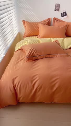 91家纺网 家纺一手货源 找家纺 锦彩 40长绒棉13372全棉纯色混搭风四件套 南瓜橘-初黄