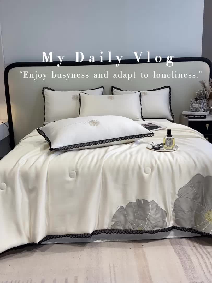 91家纺网 家纺一手货源 找家纺 2024子由家居水洗真丝贴布绣花花边夏被四件套 太阳花-本白