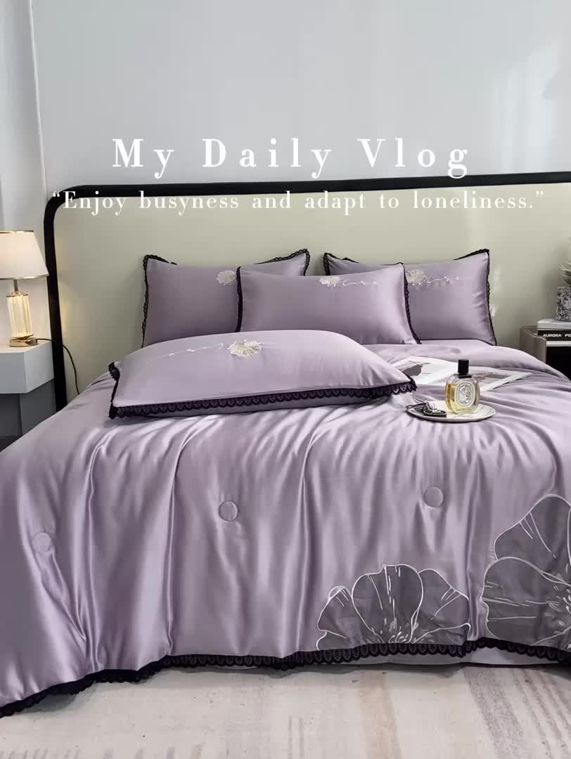 91家纺网 家纺一手货源 找家纺 2024子由家居水洗真丝贴布绣花花边夏被四件套 太阳花-浅紫