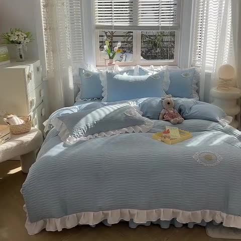 91家纺网 家纺一手货源 找家纺 韩约 2023新款 韩约泡泡纱仙叶系列四件套 千叶花边款（天空兰）