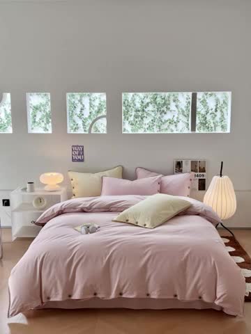 91家纺网 家纺一手货源 找家纺 蜜柚 2024新款A类全棉40支纯色纽扣款水洗棉四件套 夏日粉