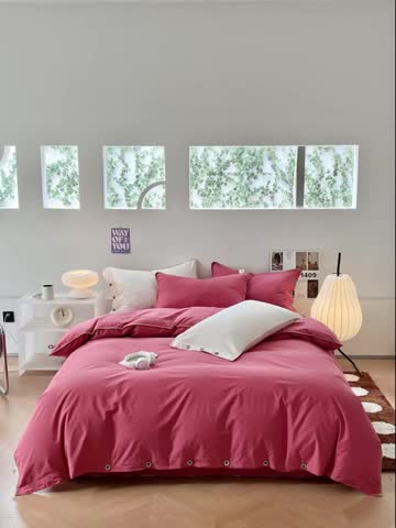 91家纺网 家纺一手货源 找家纺 蜜柚 2024新款A类全棉40支纯色纽扣款水洗棉四件套 中国红