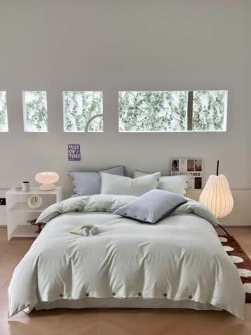 91家纺网 家纺一手货源 找家纺 蜜柚 2024新款A类全棉40支纯色纽扣款水洗棉四件套 水森林