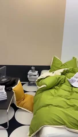 91家纺网 家纺一手货源 找家纺 安莱生活 2023新款 60贡缎双拼小宽边四件套 果绿双拼奶黄