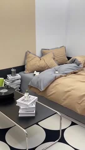 91家纺网 家纺一手货源 找家纺 安莱生活 2023新款 60贡缎双拼小宽边四件套 卡其双拼浅灰