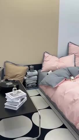 91家纺网 家纺一手货源 找家纺 安莱生活 2023新款 60贡缎双拼小宽边四件套 嫩粉双拼浅灰