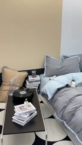 91家纺网 家纺一手货源 找家纺 安莱生活 2023新款 60贡缎双拼小宽边四件套 浅灰双拼淡蓝