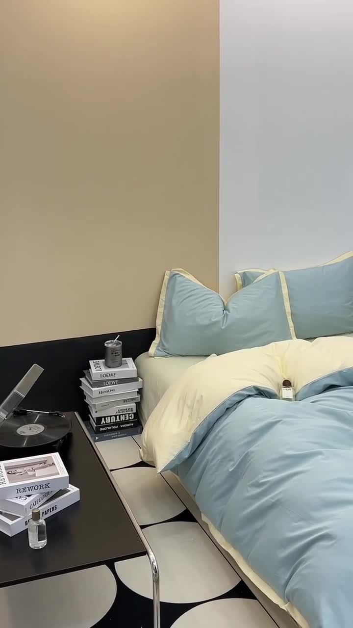 91家纺网 家纺一手货源 找家纺 安莱生活 2023新款 60贡缎双拼小宽边四件套 青柠双拼奶黄