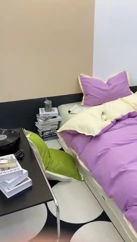 91家纺网 家纺一手货源 找家纺 安莱生活 2023新款 60贡缎双拼小宽边四件套 紫嫣双拼奶黄