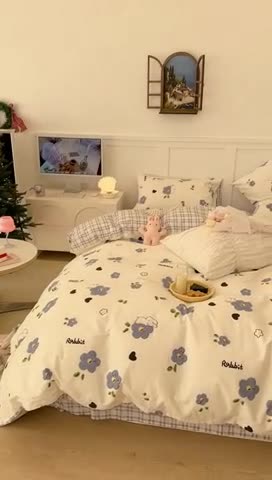 91家纺网 家纺一手货源 找家纺 昔可 2023春日新款全棉3 兔兔蓝油画花