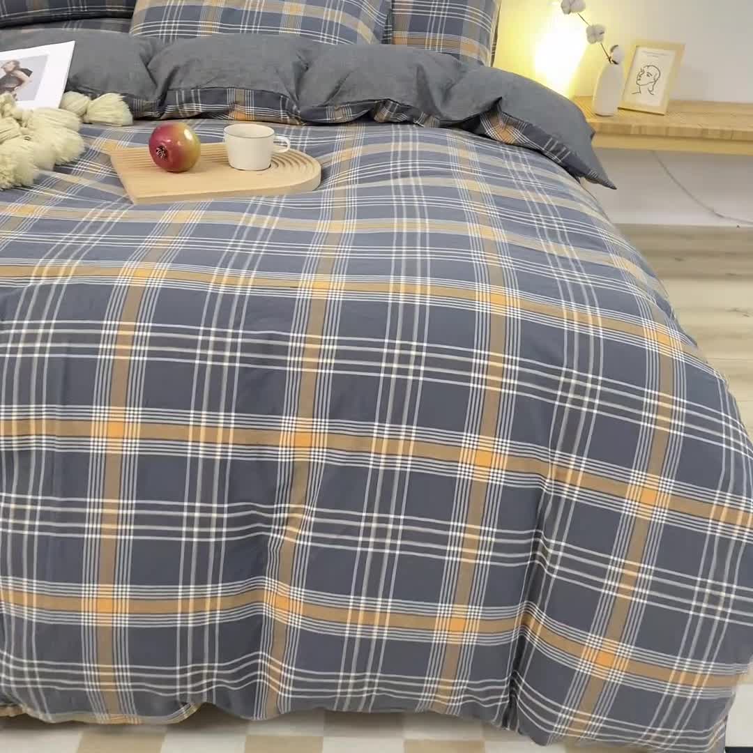 91家纺网 家纺一手货源 找家纺 九沐良品 新款A类色织水洗棉四件套单被套 灰桔格