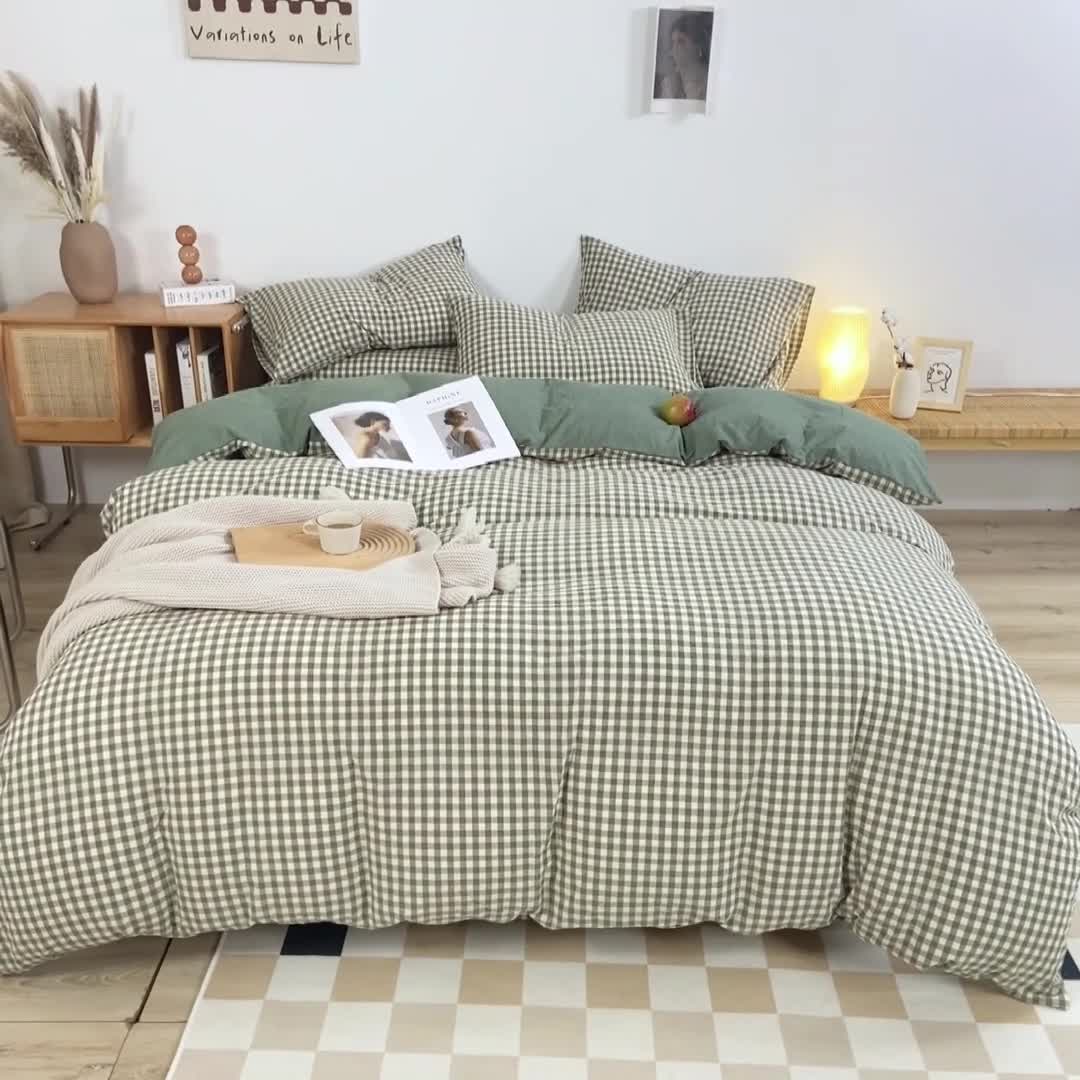 91家纺网 家纺一手货源 找家纺 九沐良品 新款A类色织水洗棉四件套单被套 绿小格