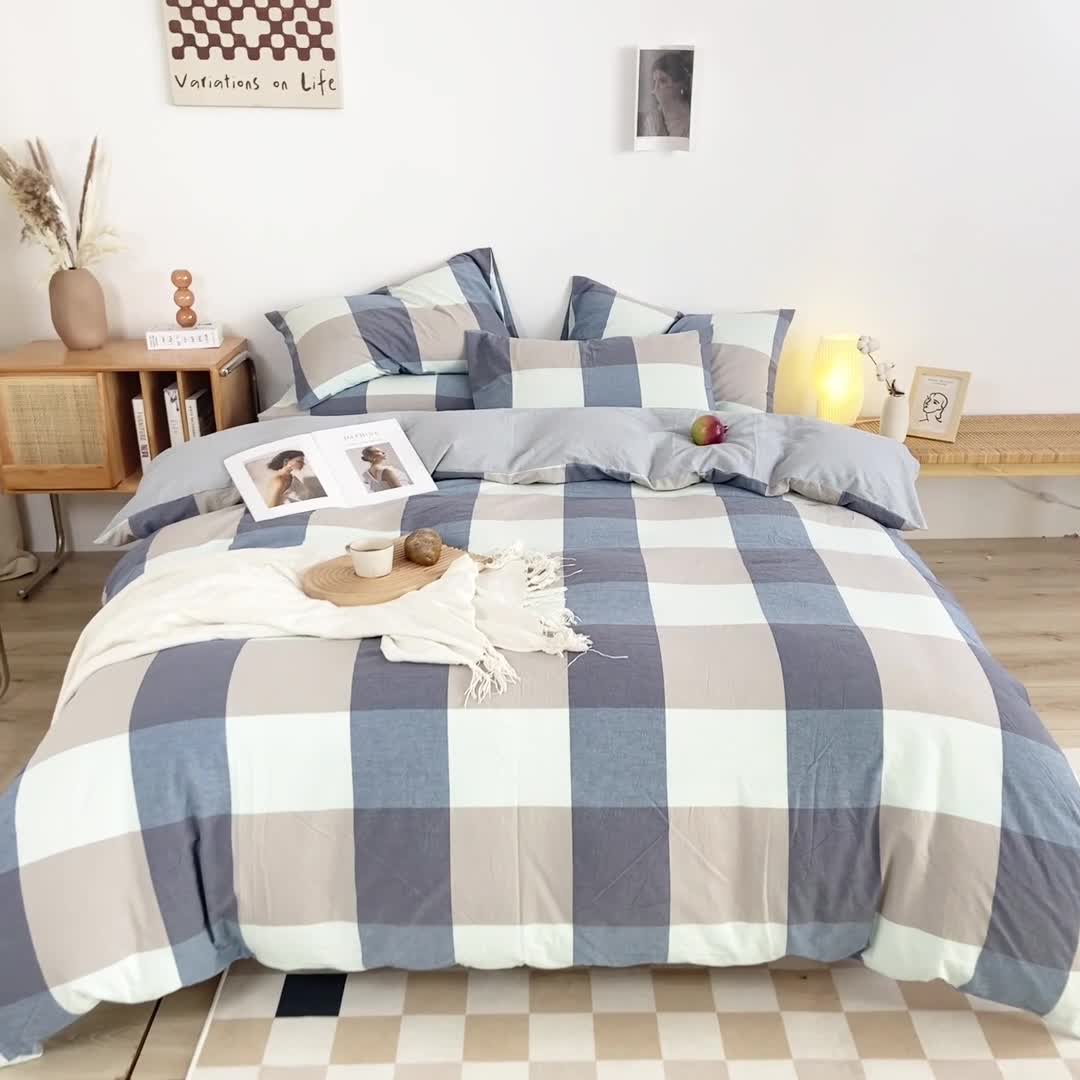 91家纺网 家纺一手货源 找家纺 九沐良品 新款A类色织水洗棉四件套单被套 米棕丈青格