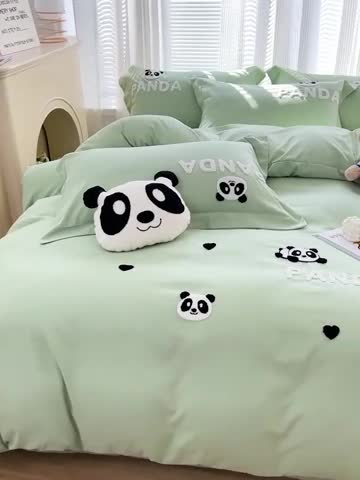 91家纺网 家纺一手货源 找家纺 娜娜 2023新款韩版毛巾绣四件套-熊猫 熊猫嘟嘟-绿