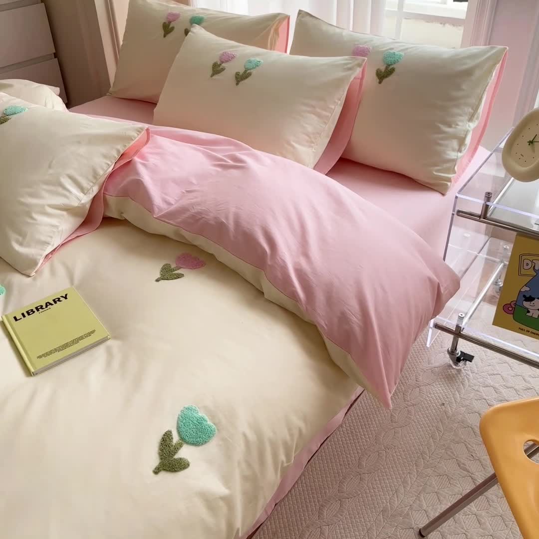 91家纺网 家纺一手货源 找家纺 锦觅2024新款都市小清新ins全棉纯棉水洗棉毛巾绣四件套 郁金香