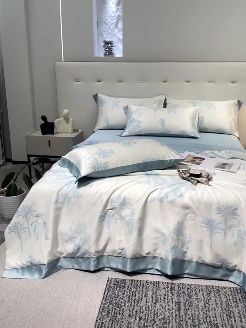 91家纺网 家纺一手货源 找家纺 澳梵家居 2023新款3M工艺雪莲天丝夏被四件套 薄荷岛