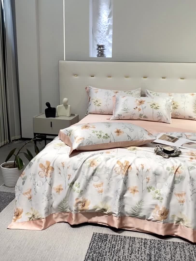 91家纺网 家纺一手货源 找家纺 澳梵家居 2023新款3M工艺雪莲天丝夏被四件套 春日