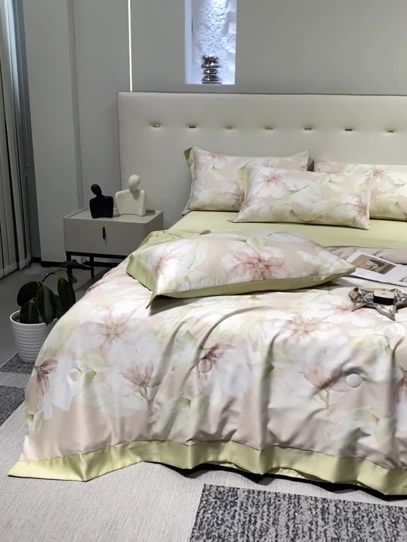 91家纺网 家纺一手货源 找家纺 澳梵家居 2023新款3M工艺雪莲天丝夏被四件套 夏花