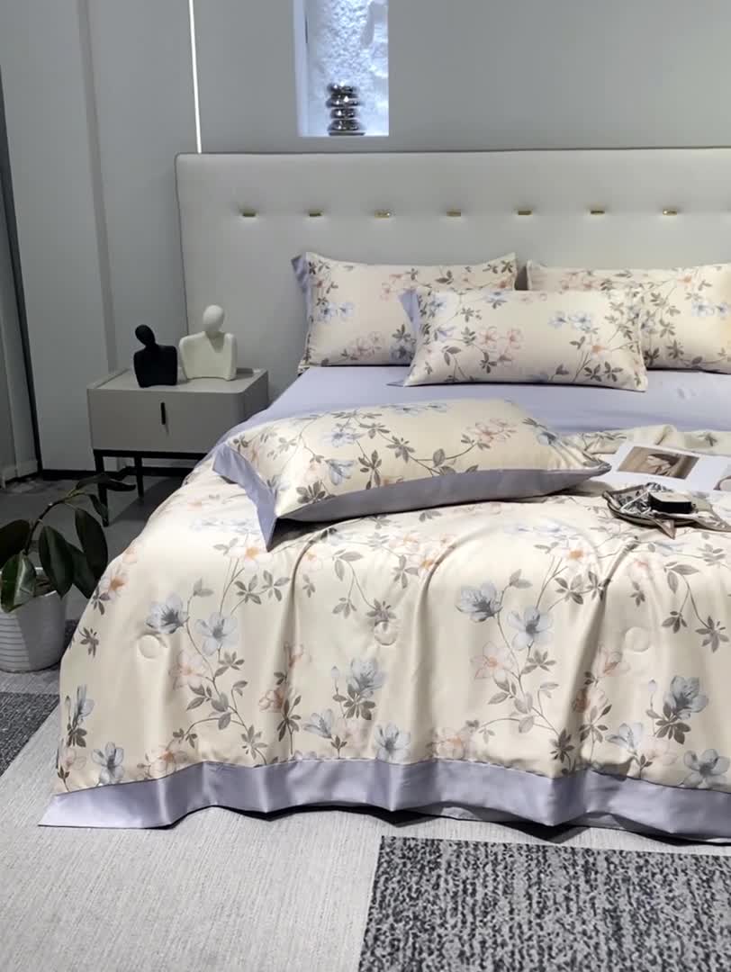 91家纺网 家纺一手货源 找家纺 澳梵家居 2023新款3M工艺雪莲天丝夏被四件套 紫鸢尾