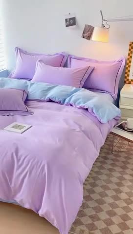 91家纺网 家纺一手货源 找家纺 202540长绒棉13372全棉纯色混搭风四件套浅紫-天蓝