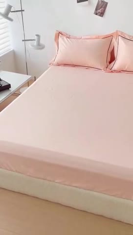 91家纺网 家纺一手货源 找家纺 2025床笠全棉纯色床笠双拼简约床笠三件套蜜桃粉