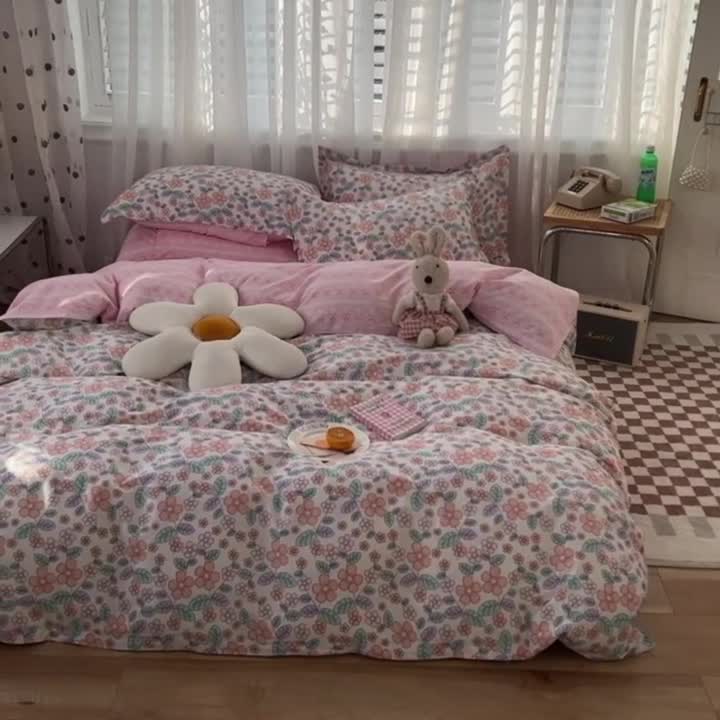 91家纺网 家纺一手货源 找家纺 多品家纺 2023新款12868全棉印花四件套系列第二批 春暖花开—粉