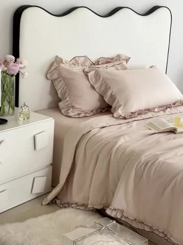 91家纺网 家纺一手货源 找家纺 荣轩 2023新款素色双层纱夏被-花边款 浅杏色