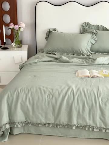 91家纺网 家纺一手货源 找家纺 荣轩 2023新款素色双层纱夏被-花边款 薄荷绿