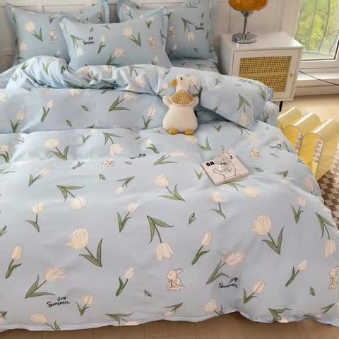 91家纺网 家纺一手货源 找家纺 帛织澜家纺 2025新款12868全棉喷气印花枕套 百合兔