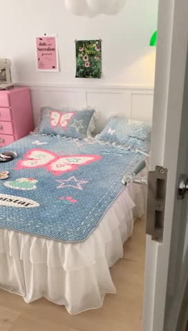 91家纺网 家纺一手货源 找家纺 昔可 2023新款第二批双层床裙乳胶三件套 芭蕾少女风 y2k牛仔蝴蝶