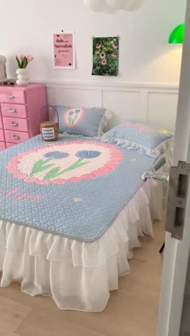 91家纺网 家纺一手货源 找家纺 昔可 2023新款第二批双层床裙乳胶三件套 可爱小清新风 圈圈油画紫郁金