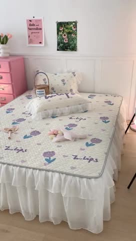 91家纺网 家纺一手货源 找家纺 昔可 2023新款第二批双层床裙乳胶三件套 少女碎花风系列 紫色油画郁金香